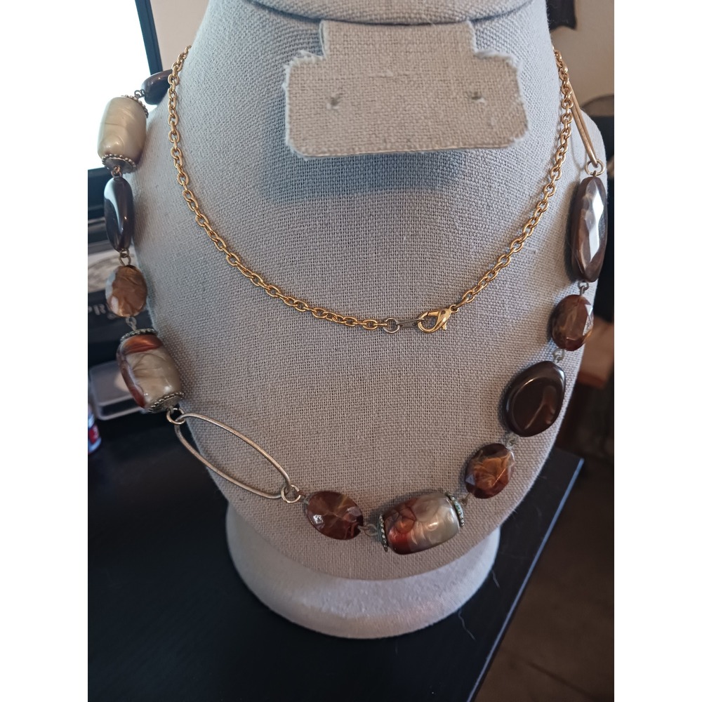 Vintage Mixed Metal Resin Bead Necklace Brown Cream 34 Inch